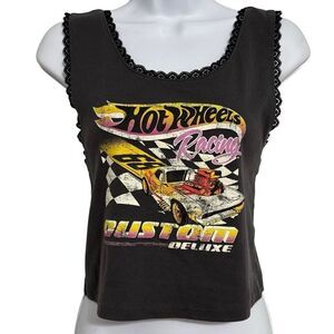Hot Wheels Racing Custom Deluxe Lace Trim Graphic Tank Top Black Y2K Moto Grunge